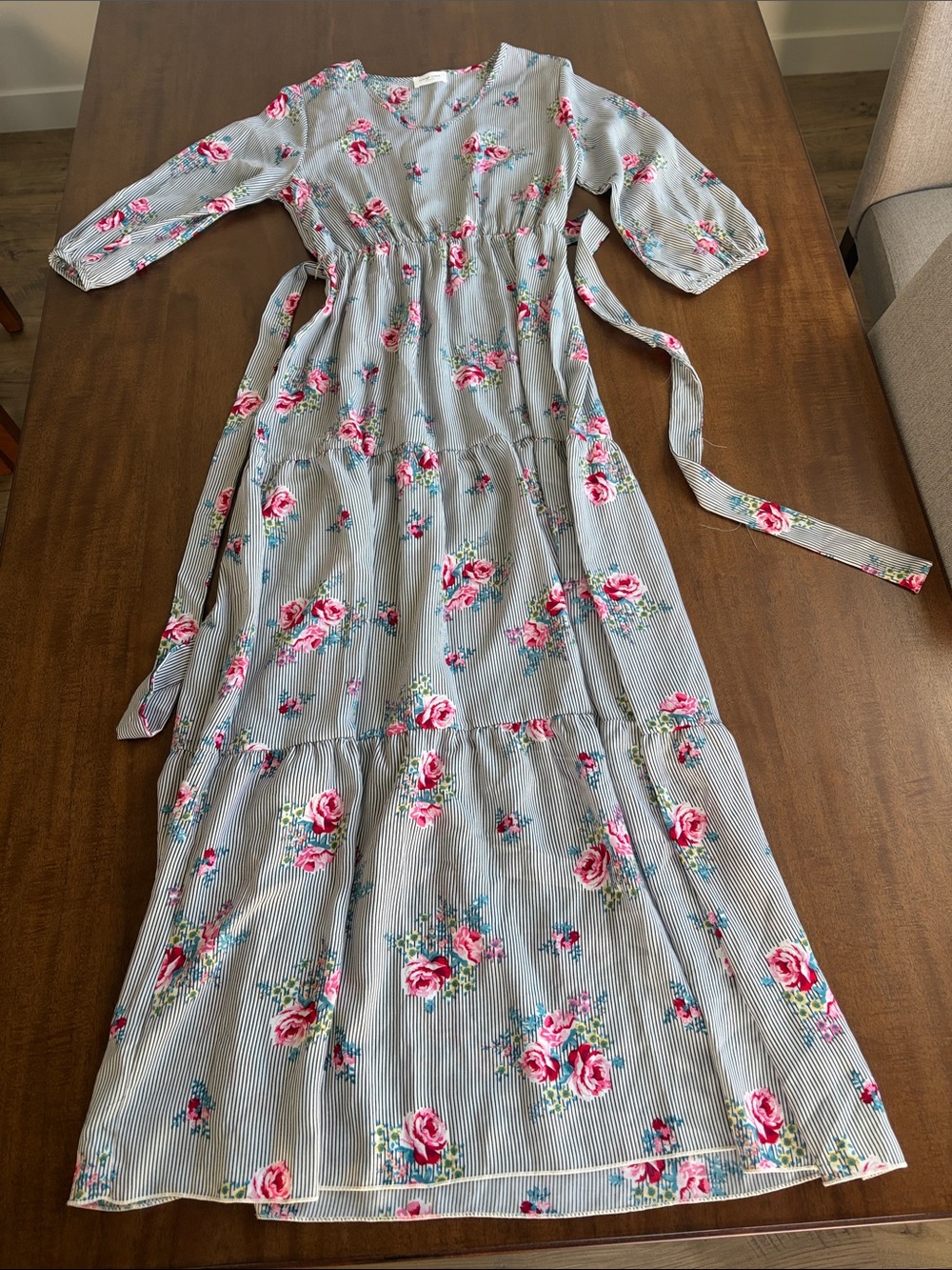 orange creek Blue Striped Maxi Dress with Pink Floral Print